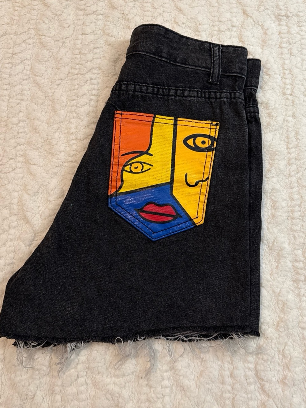 Black High-Waist Denim Shorts with Colorblock Face Patch - Picture 2 of 3